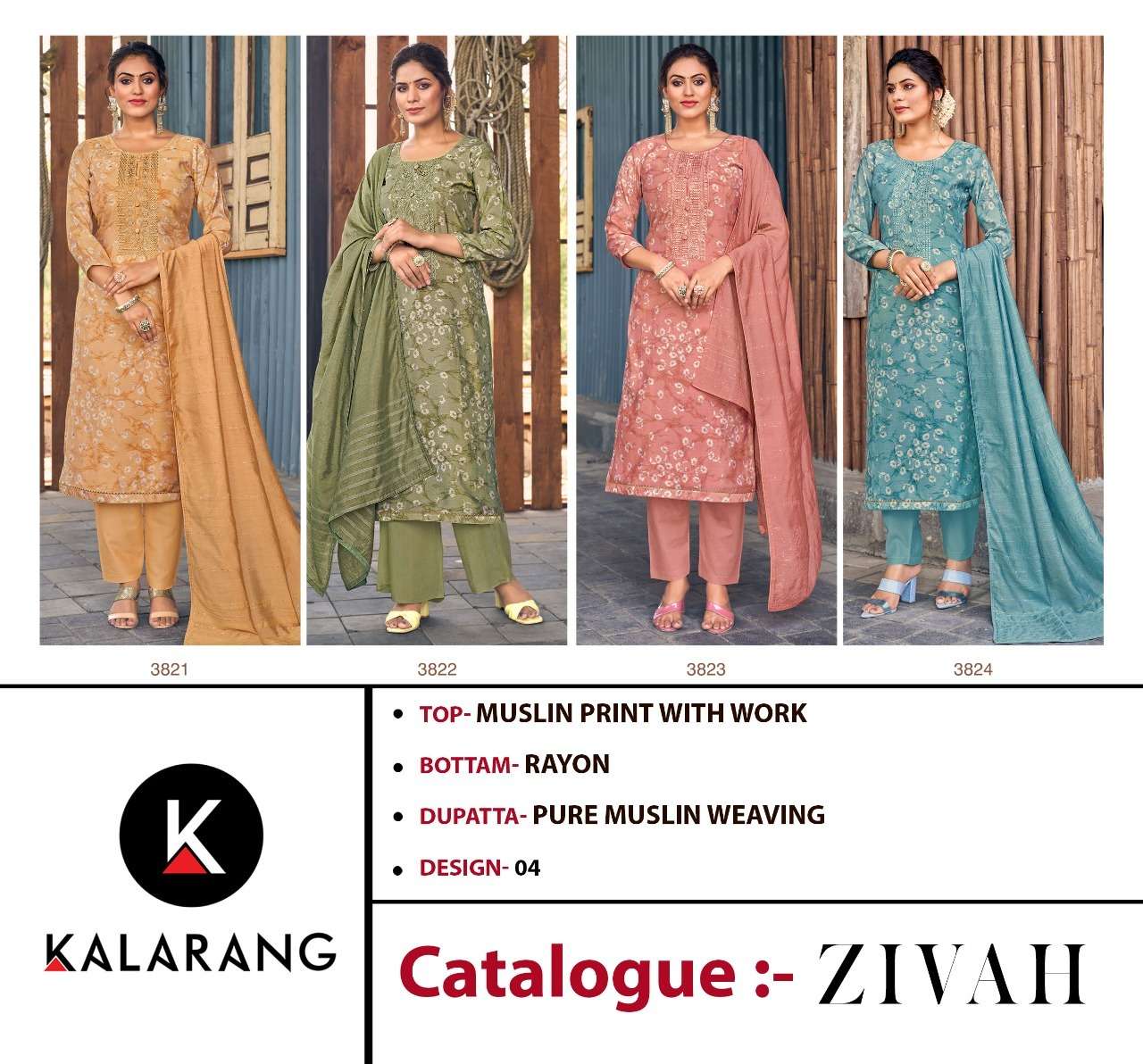 kalarang zivah muslin printed with work dress material collection wholesale price 