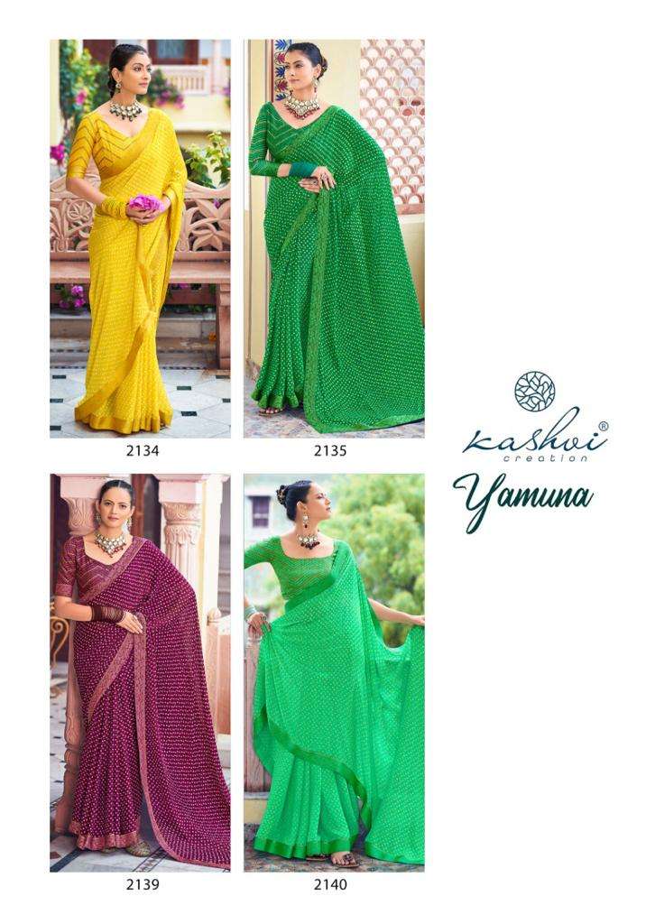 kashvi creation yamuna cando moss bandhej foil printed sarees collection wholesale price 