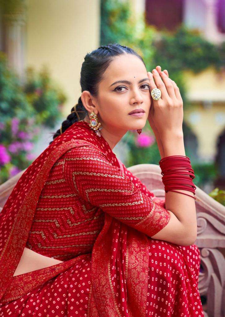 kashvi creation yamuna cando moss bandhej foil printed sarees collection wholesale price 