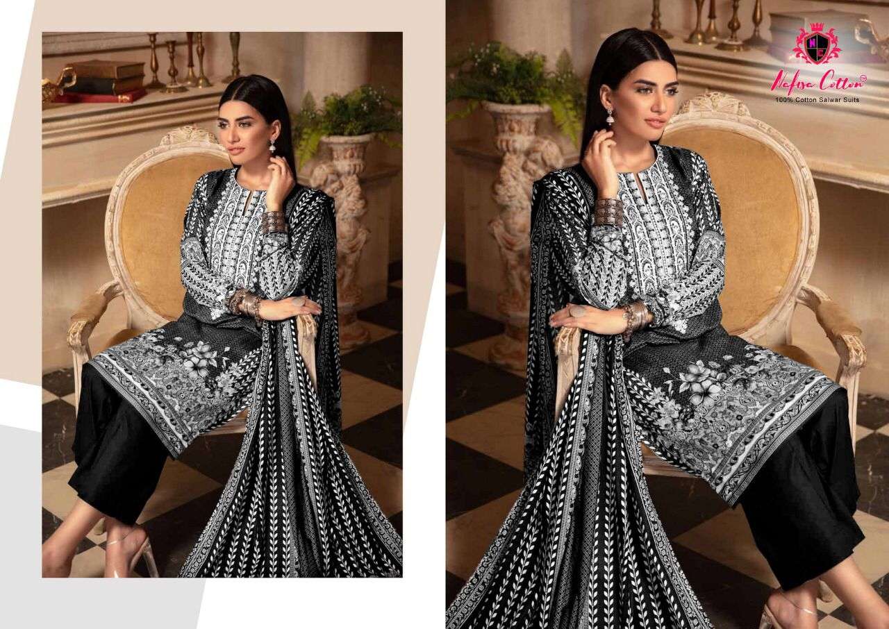 nafisa cotton black and white karachi queen vol 4 cotton dress material collection wholesale price surat