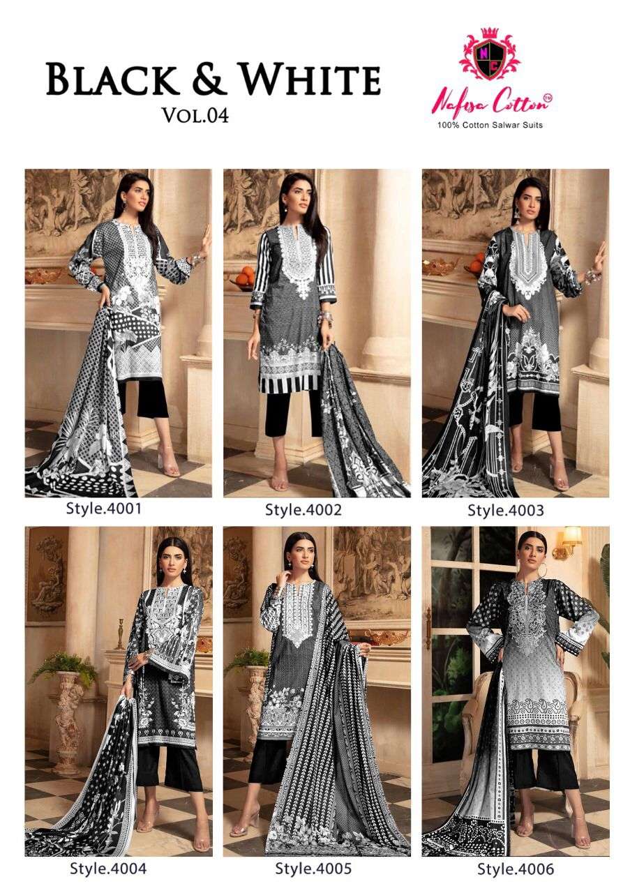 nafisa cotton black and white karachi queen vol 4 cotton dress material collection wholesale price surat