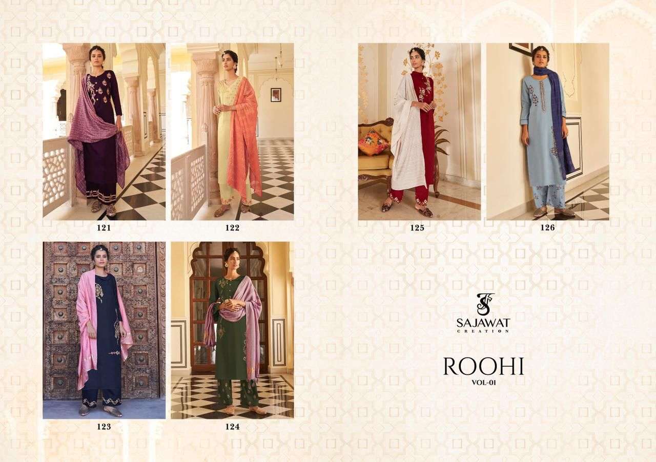 sajawat roohi vol 1 121-126 series pure viscose embroidered salwar kameez wholesale price surat