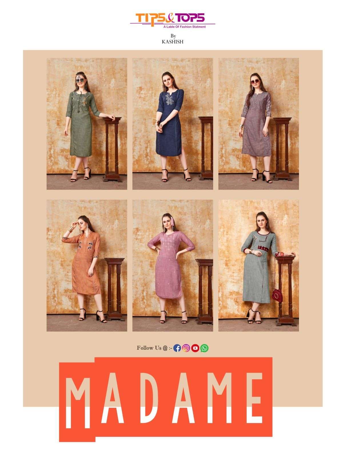 tips and tops madame rayon denim fancy fabric kurtis collection wholesale price surat