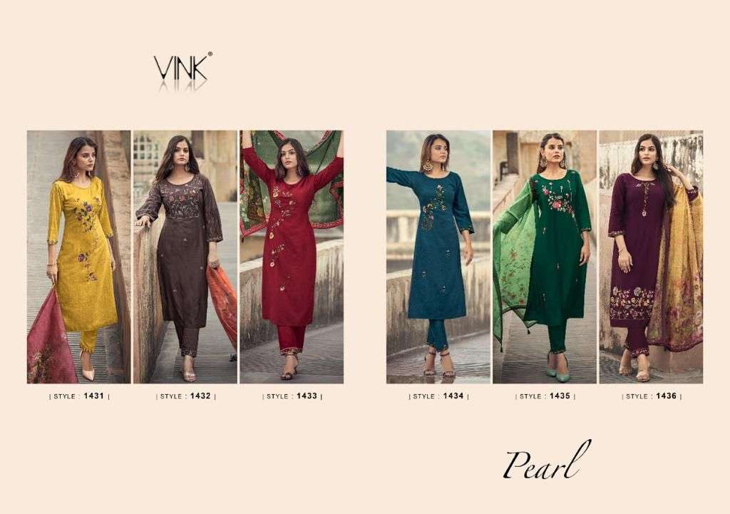 vink pearl 1431-1436 series catalog designer handwork kurtis with bottom dupatta set wholesale price surat
