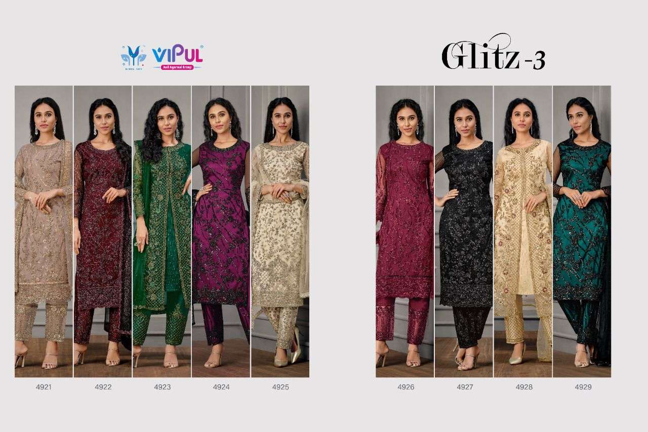 vipul fashion glitz vol 3 4921-4929 series latest party wear salwar kameez surat