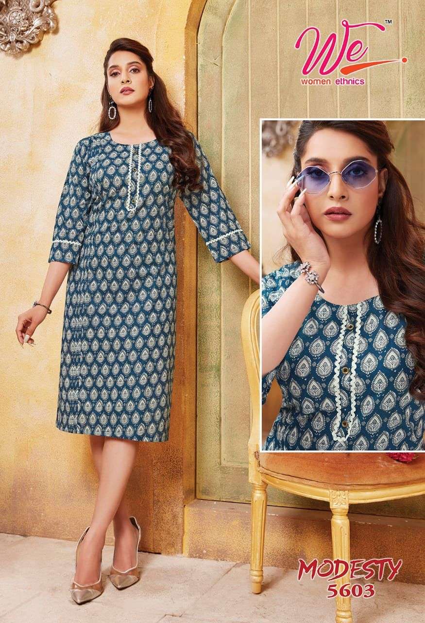 we modesty catalogue pure cotton printed woman ethnic wear kurtis wholesale price surat