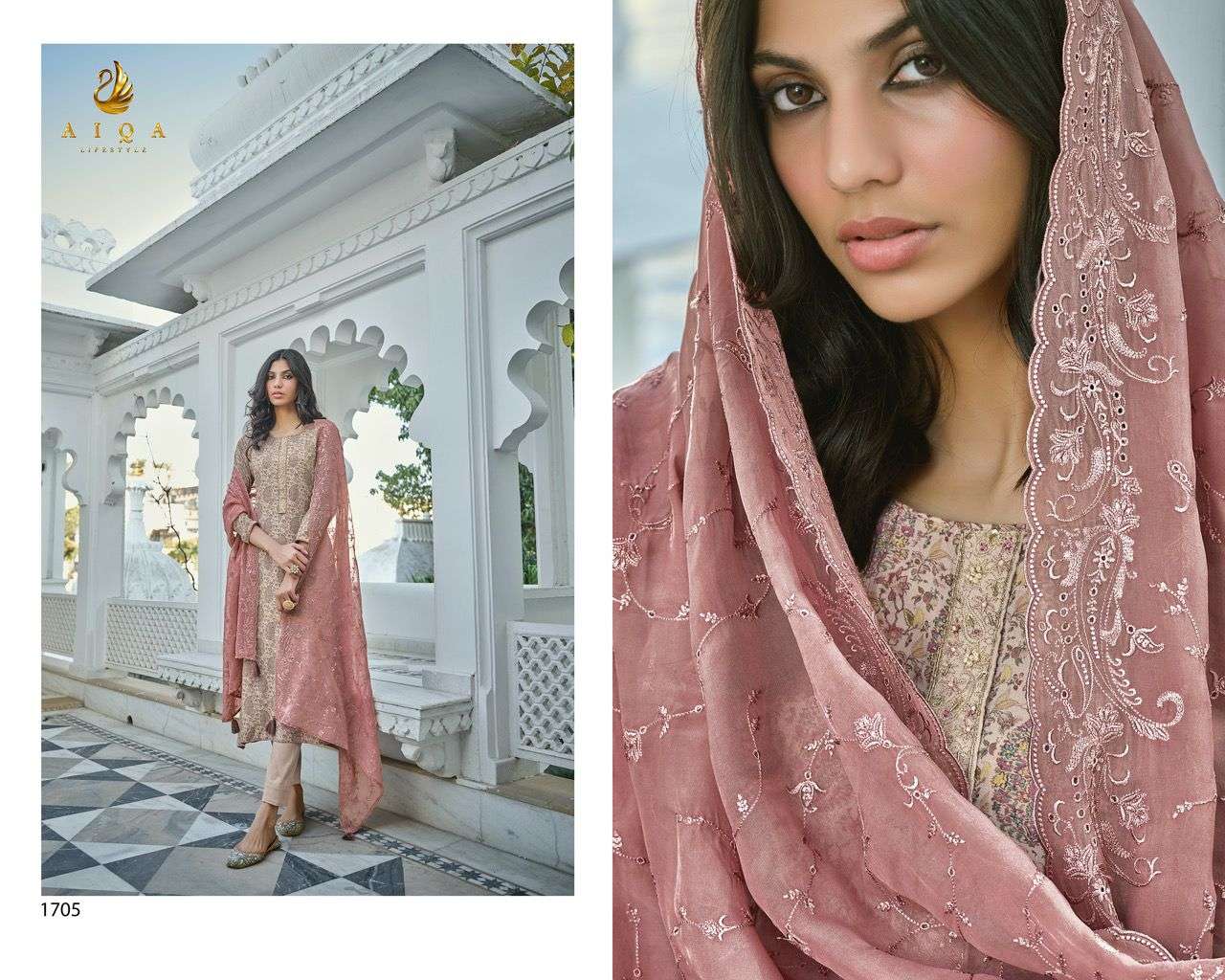 aiqa wafa 1701-1708 series mulberry silk designer dress material wholesale price surat