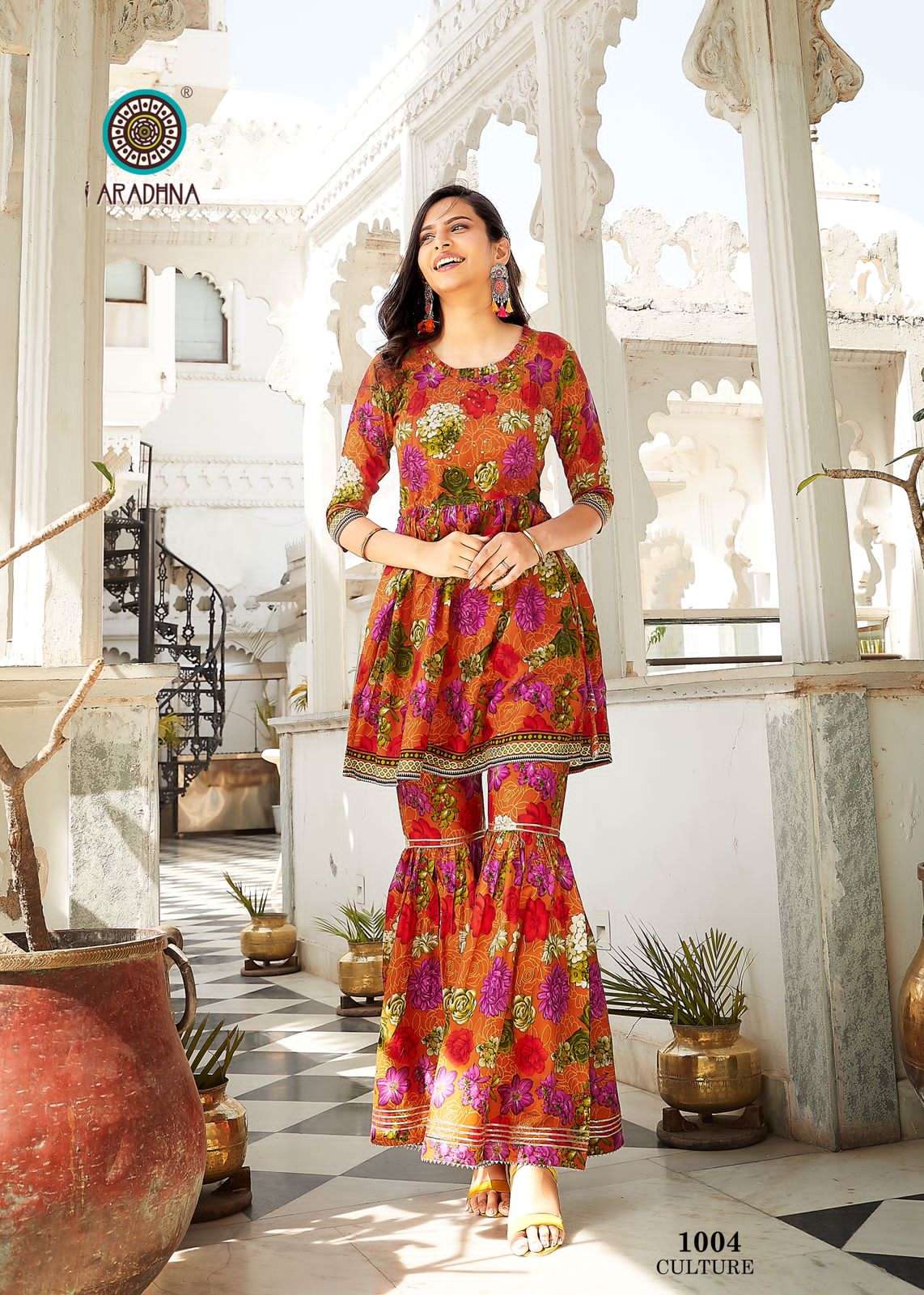 aradhana fashion culture vol 1 1001-1008 series rayon kurtis with sharara combo set wholesale price surat