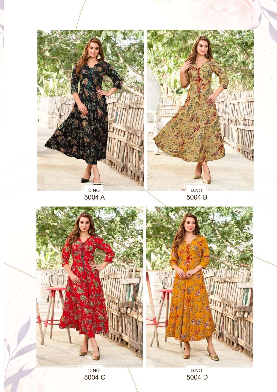 artriddhs indhuja 5004 colors leeva rayon designer long kurtis wholesale price surat