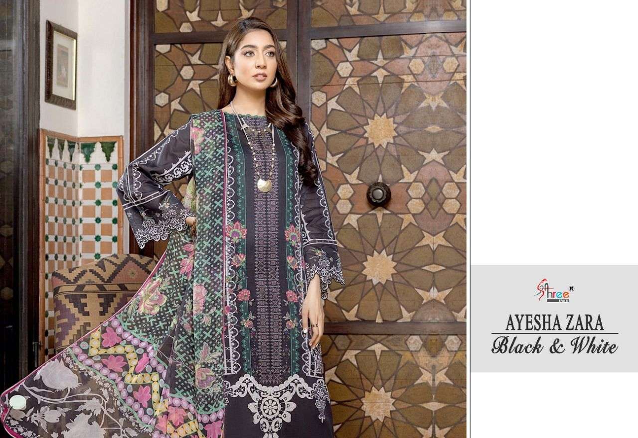 ayesha zara black and white by shree fabs cotton printed with embroidery salwar kameez wholesle price 