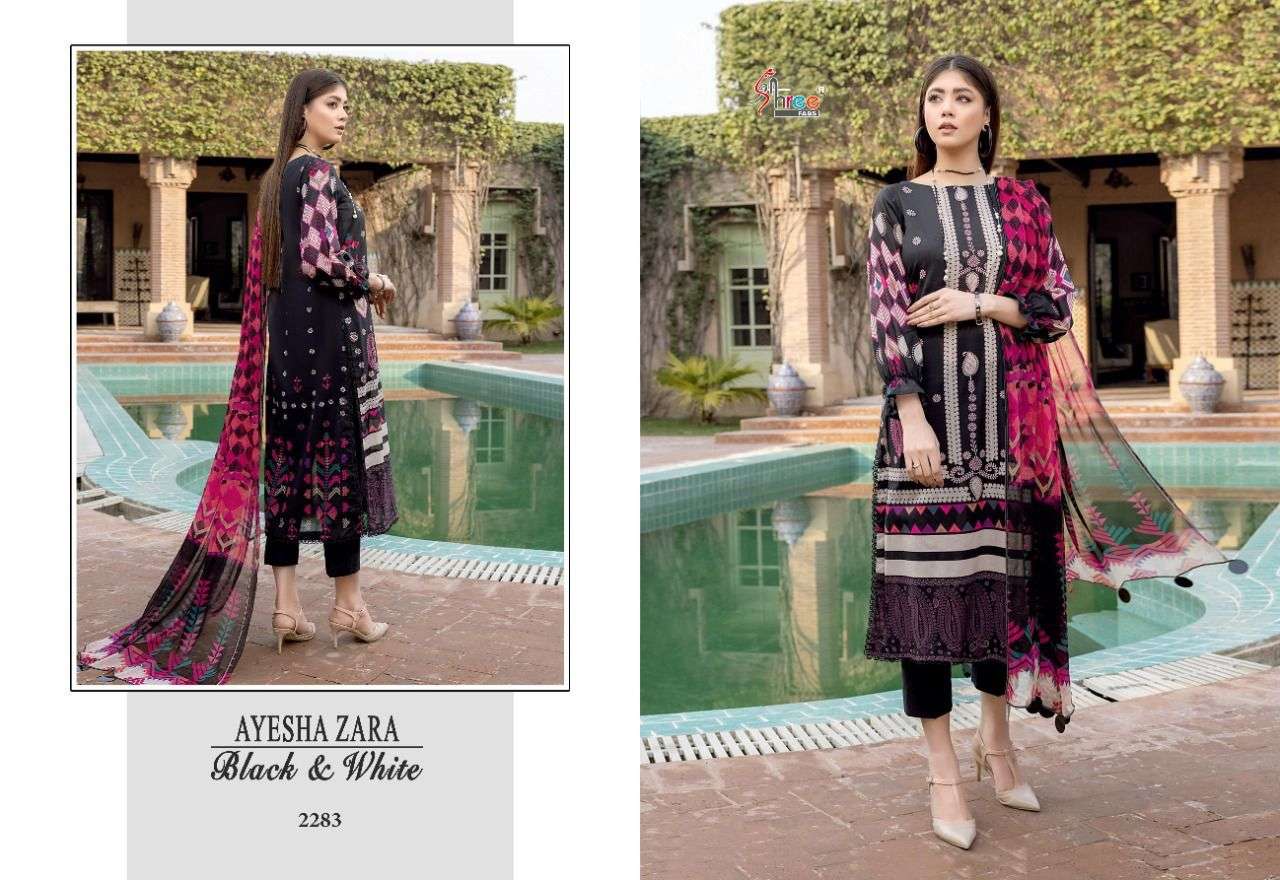 ayesha zara black and white by shree fabs cotton printed with embroidery salwar kameez wholesle price 
