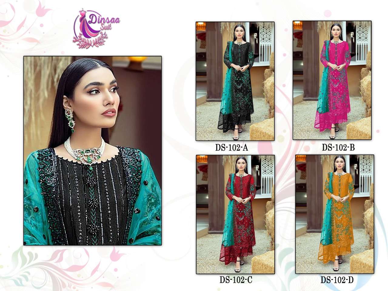 dinsaa suits 102 colors georgette embroidered work salwar kameez surat