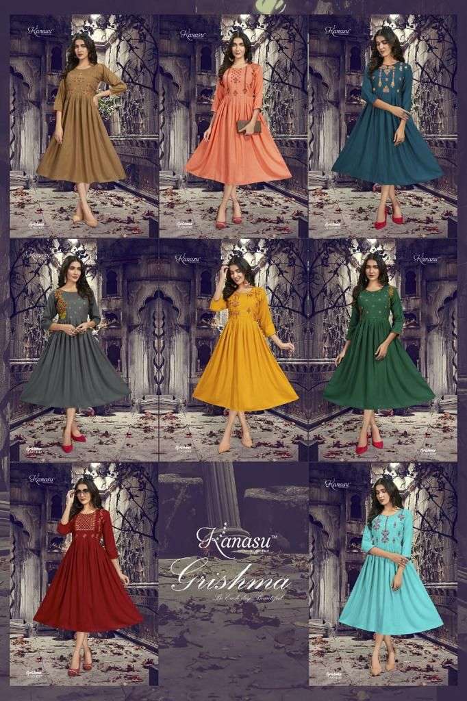 kanasu grishma 1001-1006 series rayon designer fancy kurtis wholesale price surat