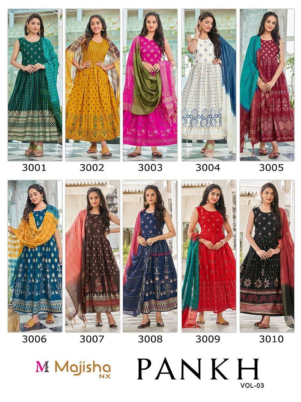 majisha nx pankh vol 3 3001-3010 series rayon designer look fancy kurtis wholesale price surat