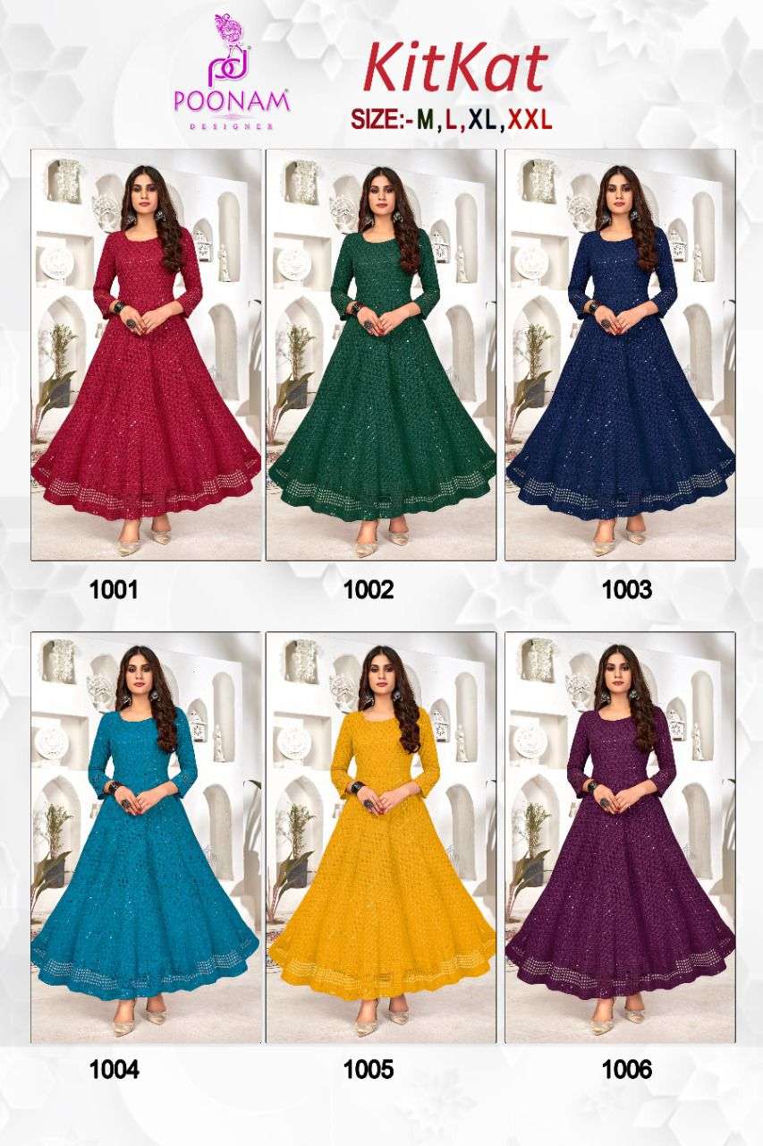 poonam designer kitkat 1001-1006 series pure rayon designer flair kurtis wholesale price surat