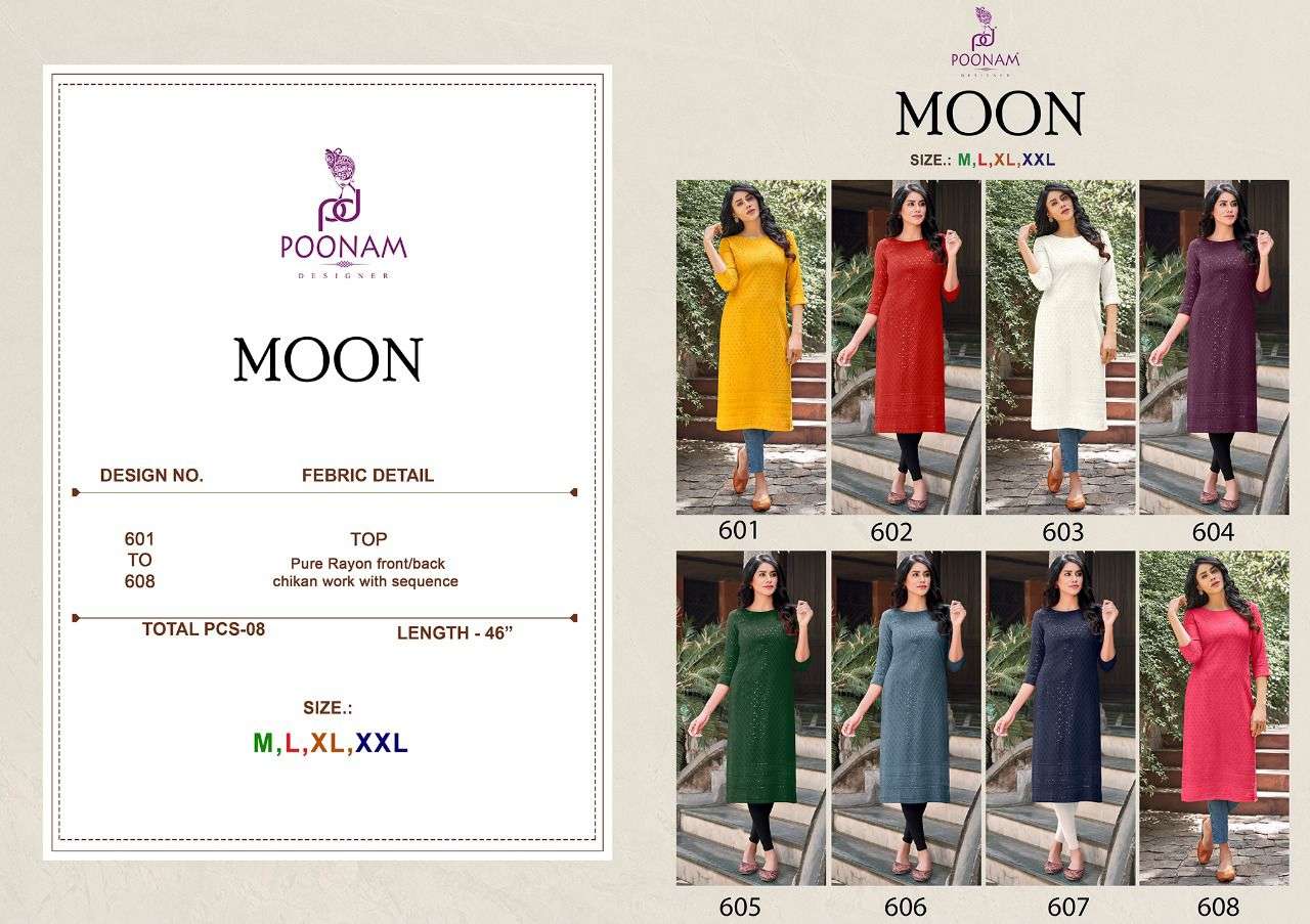 poonam designer moon 601-608 series rayon with handwork designer kurtis wholesale price surat