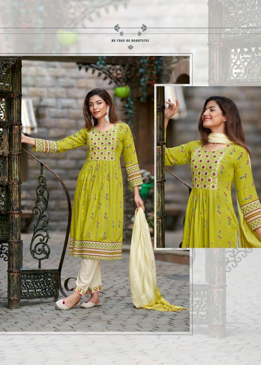 RANGJYOT  RANG MANCH VOL 1  14 KG RAYON GOLD PRINT WITH EMBROIDERY AND  SEQUENCE WORK KURTI WITH PANT AND CHANDERI DUPATTA BY RANGJYOT BRAND  WHOLESALER AND DEALER