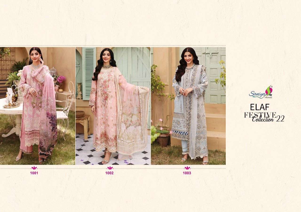 saniya trendz elaf festive collection 22 1001-1003 series cambric embroidered salwar kameez surat