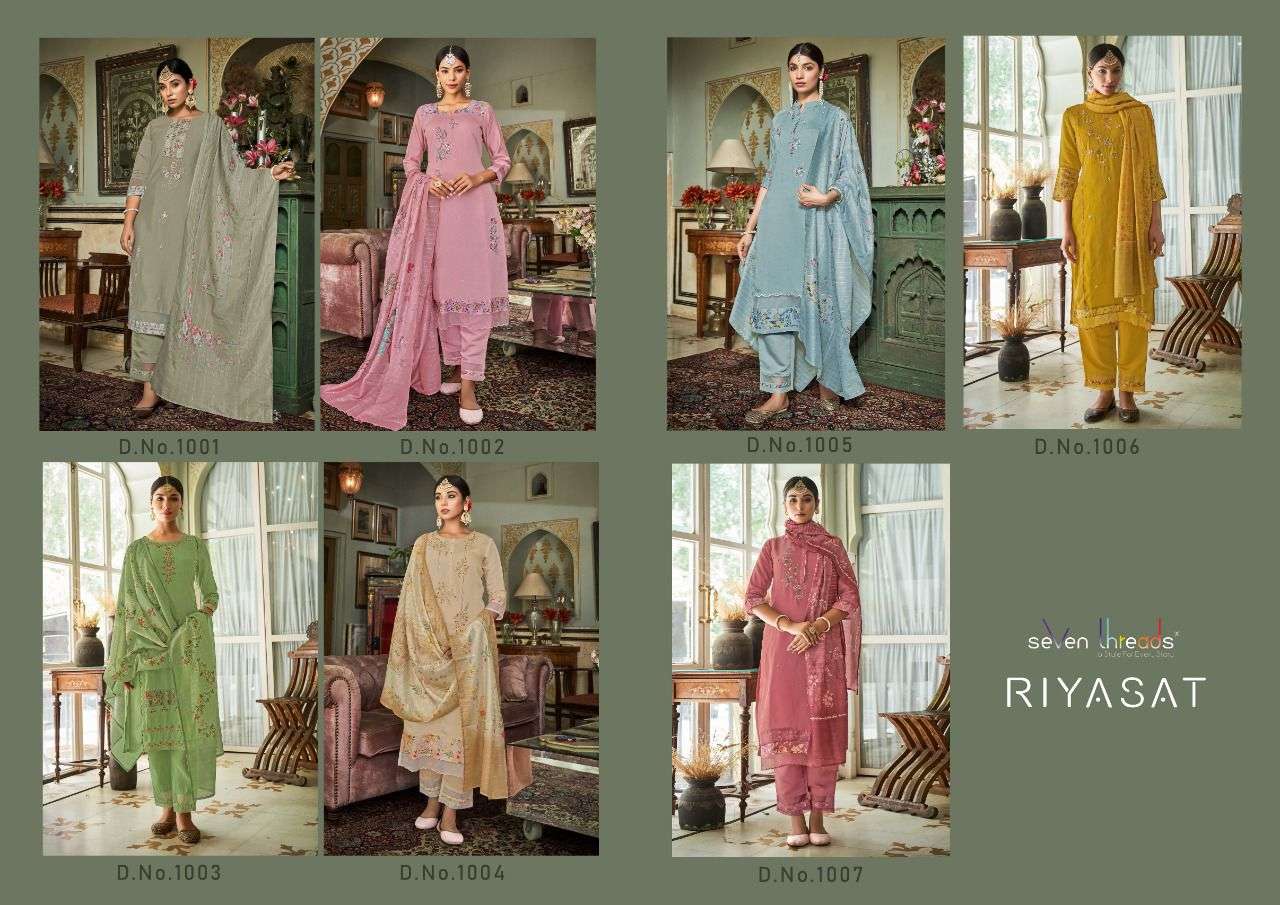 seven threads riyasat 1001-1007 series roman silk embroidered kurtis wholesale price surat