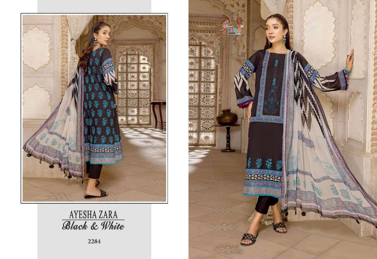 shree fabs ayesha zara black and white 2280-2284 series pure cotton printed with embroidered salwar kameez surat