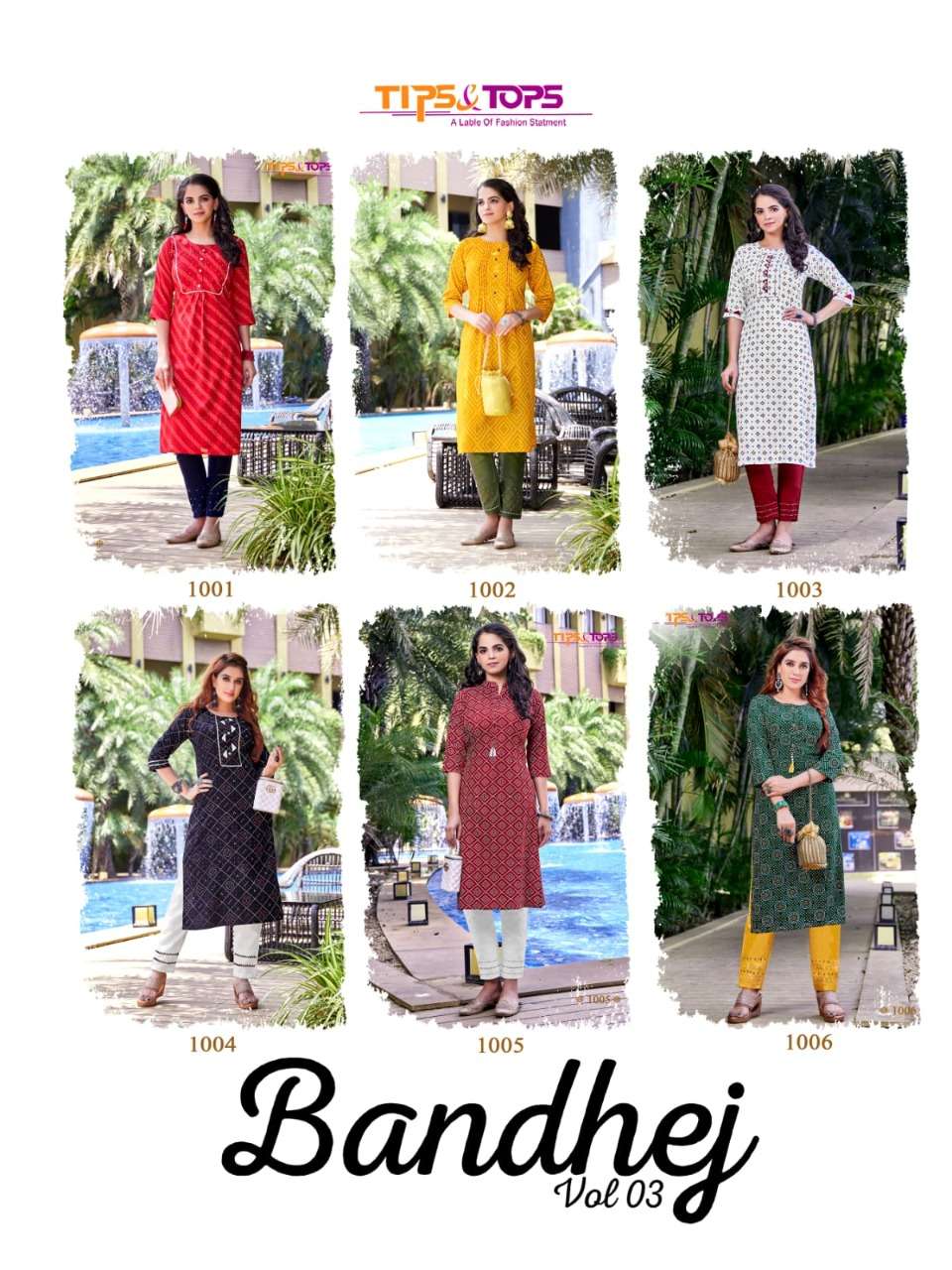 tips&tops bandhej vol 2 1001-1006 series fancy rayon designer kurtis with pant set wholesale price surat