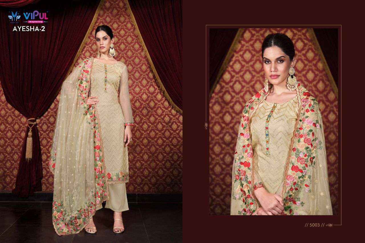 vipul fashion ayesha vol 2 5001-5006 series soft organza with work salwar kameez wholesale price surat