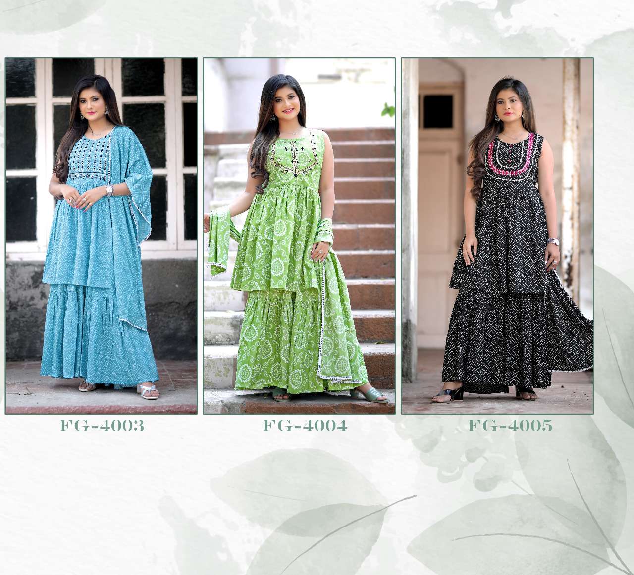 fashion galleria naaz 4003-4005 series cotton printed stylish sharara suits wholesale price