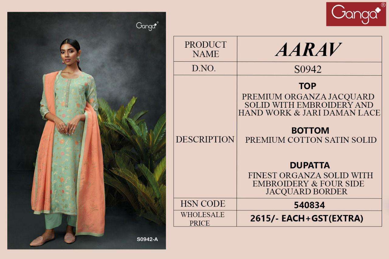 ganga aarav 942 premium organza fancy embroidered dress material wholesale price surat