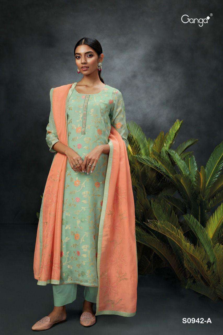 ganga aarav 942 premium organza fancy embroidered dress material wholesale price surat
