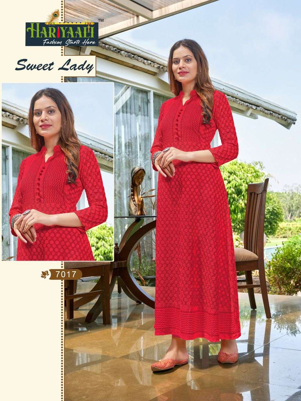 hariyaali sweet lady 7003-7018 series rayon with schiffli work kurtis wholesaler from surat