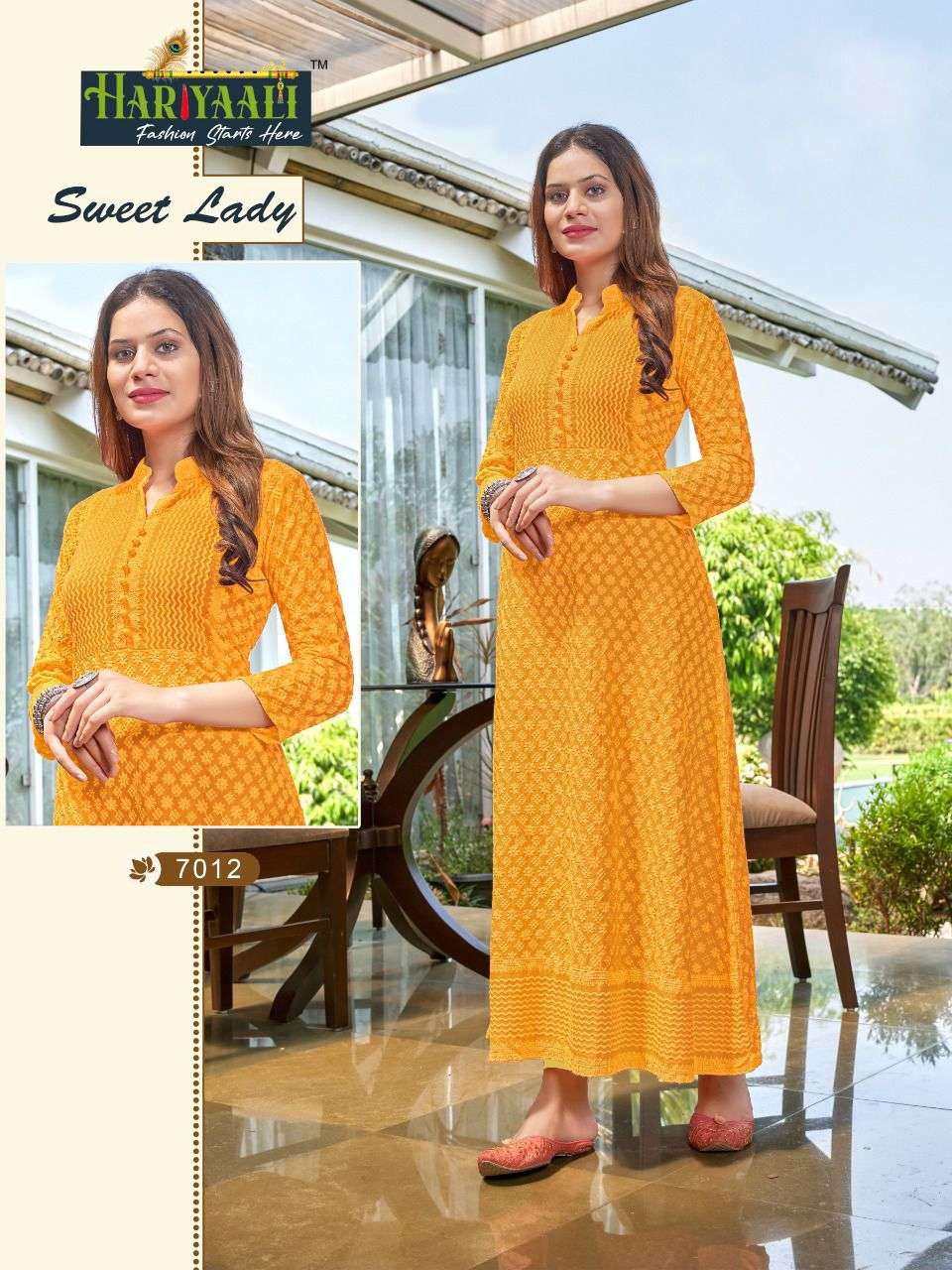 hariyaali sweet lady 7003-7018 series rayon with schiffli work kurtis wholesaler from surat