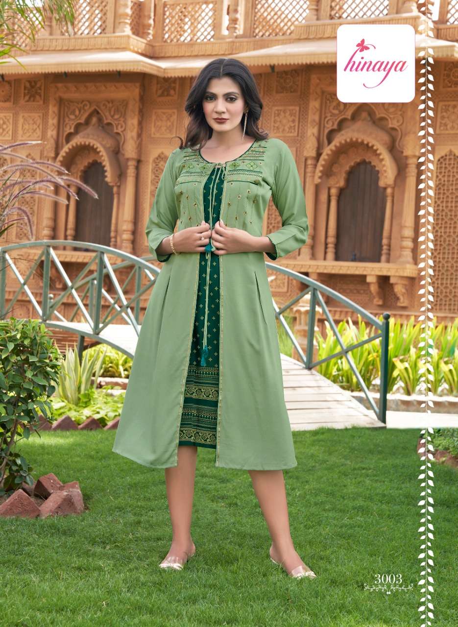 hinaya presents anaisha rayon double layer fancy kurtis collection wholesale price surat
