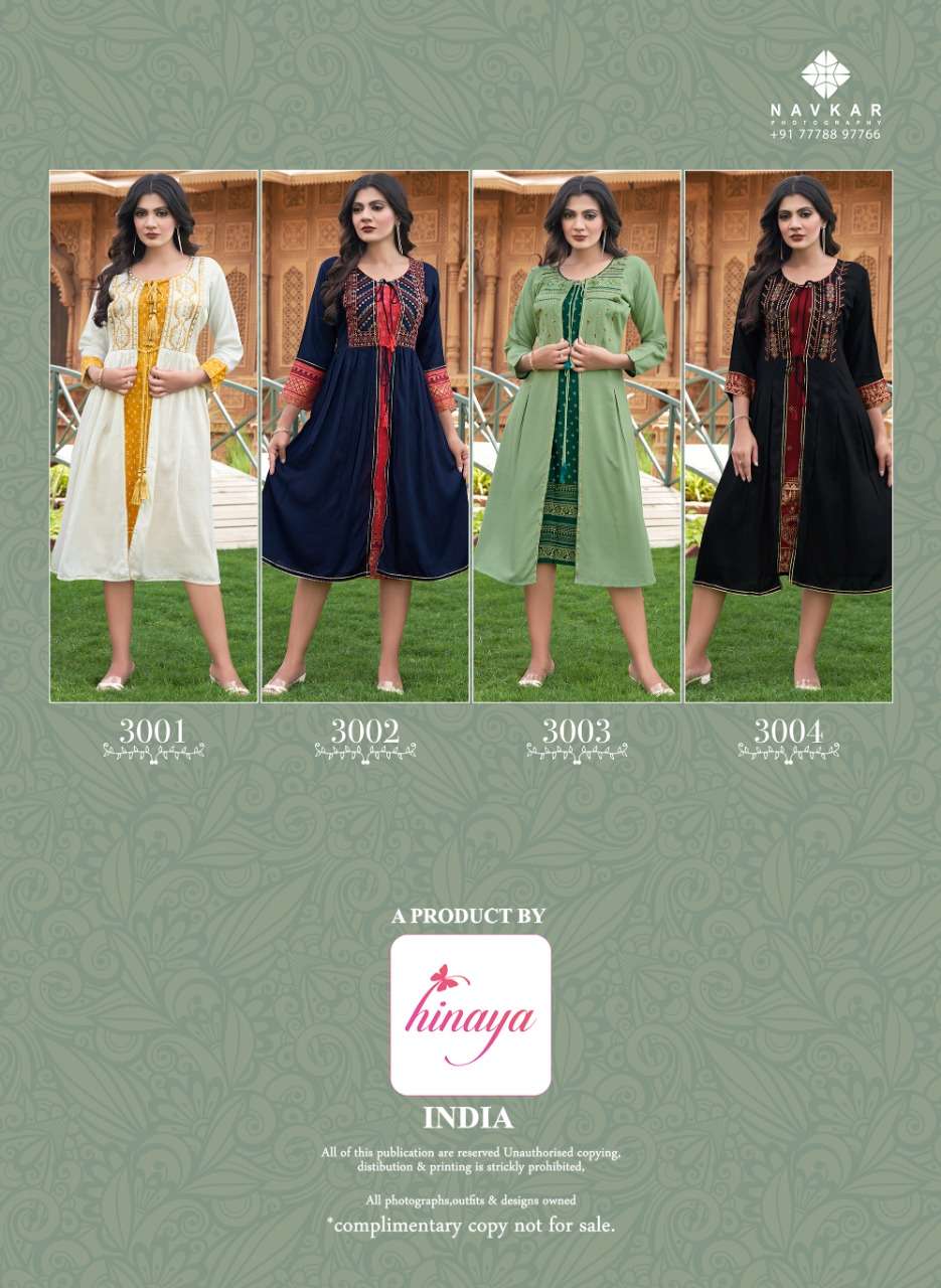 hinaya presents anaisha rayon double layer fancy kurtis collection wholesale price surat