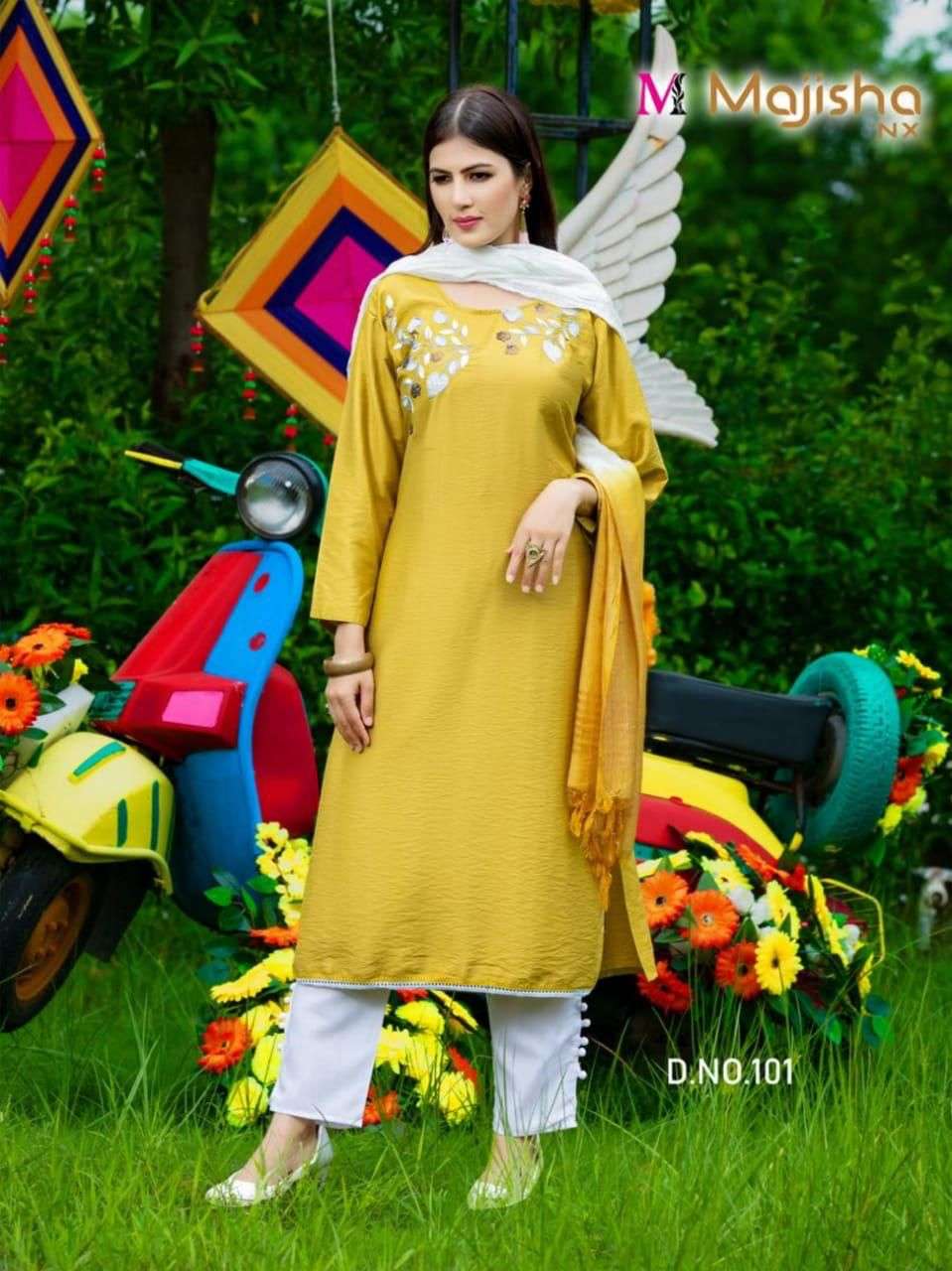 majisha nx serina vol 1 101-106 series viscose silk fancy designer kurtis catalogue pratham exports surat