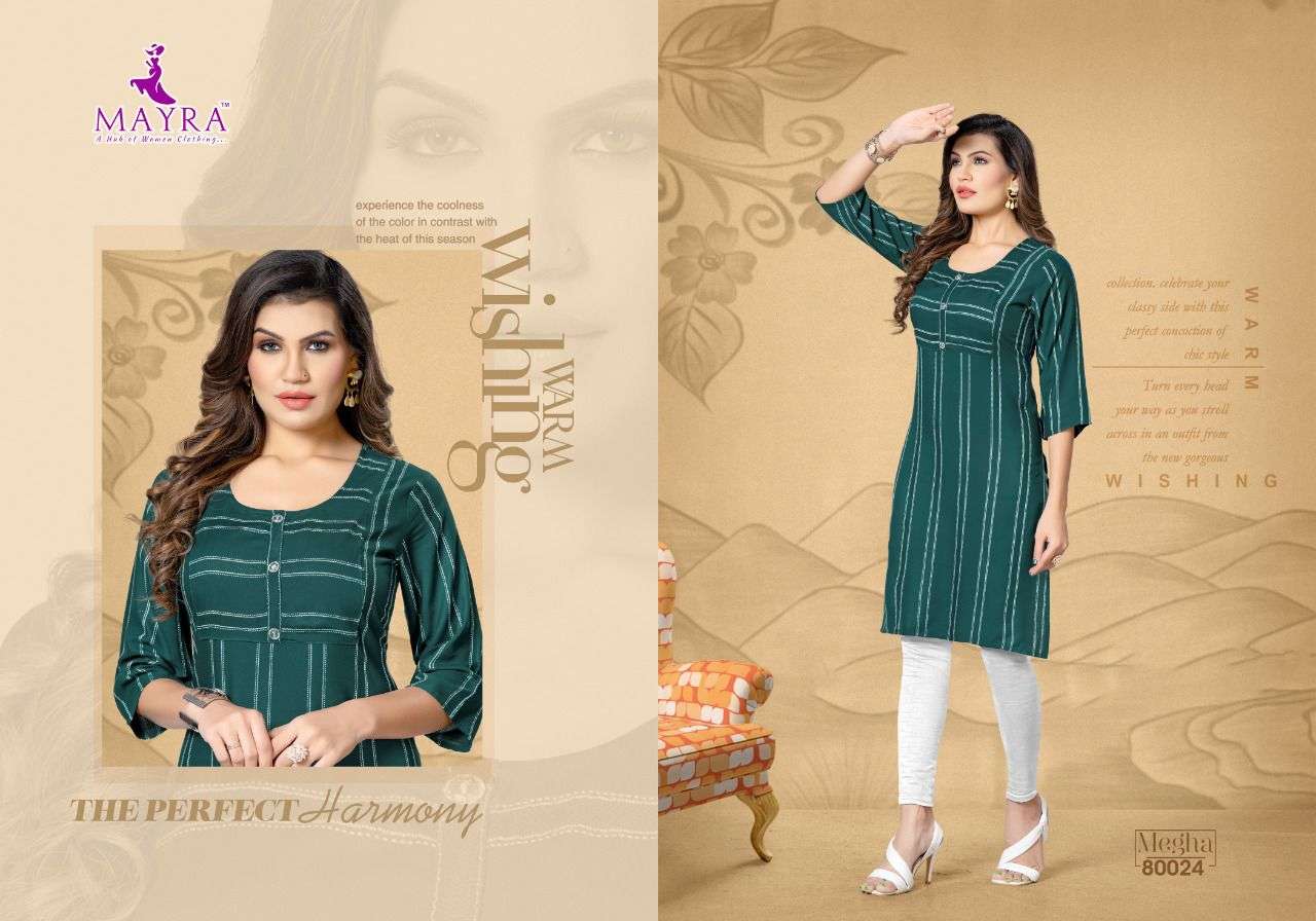 mayra kurtis megha catalog rayon bombay base fabrics fancy kurtis wholesale price surat