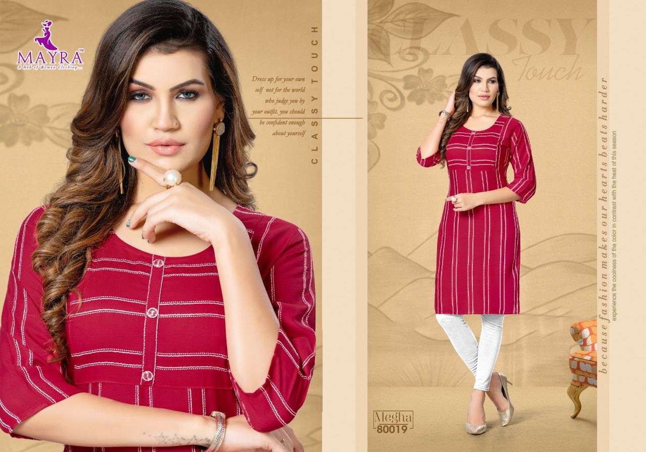 mayra kurtis megha catalog rayon bombay base fabrics fancy kurtis wholesale price surat