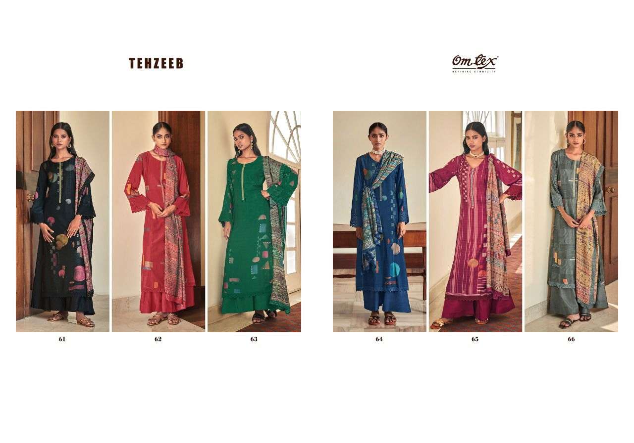 omtex tehzeeb 61-66 series pure muslin digital printed with handwork salwar suits collection surat