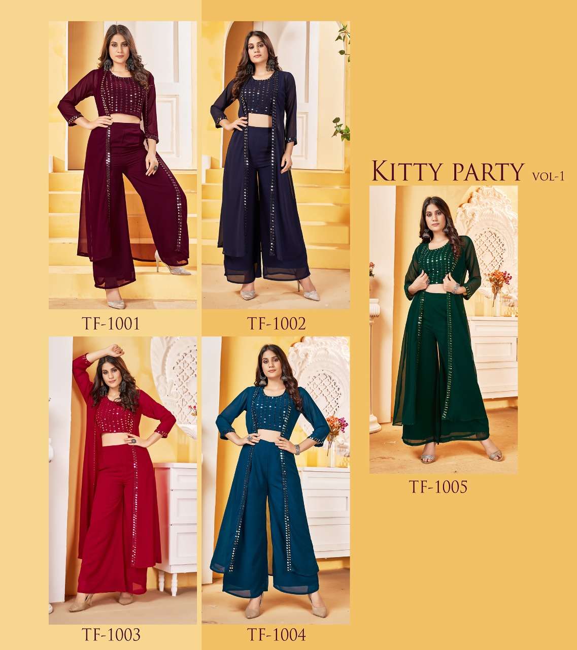 texofab kitty party vol 1 tf-1001-tf1005 series blooming georgette designer party wear collection online wholesler surat
