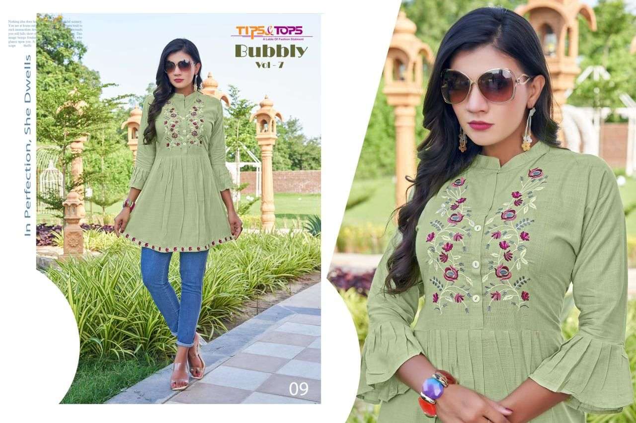 tips and tops bubbly vol-7 heavy reyon short western kurti style top wholesaler surat 