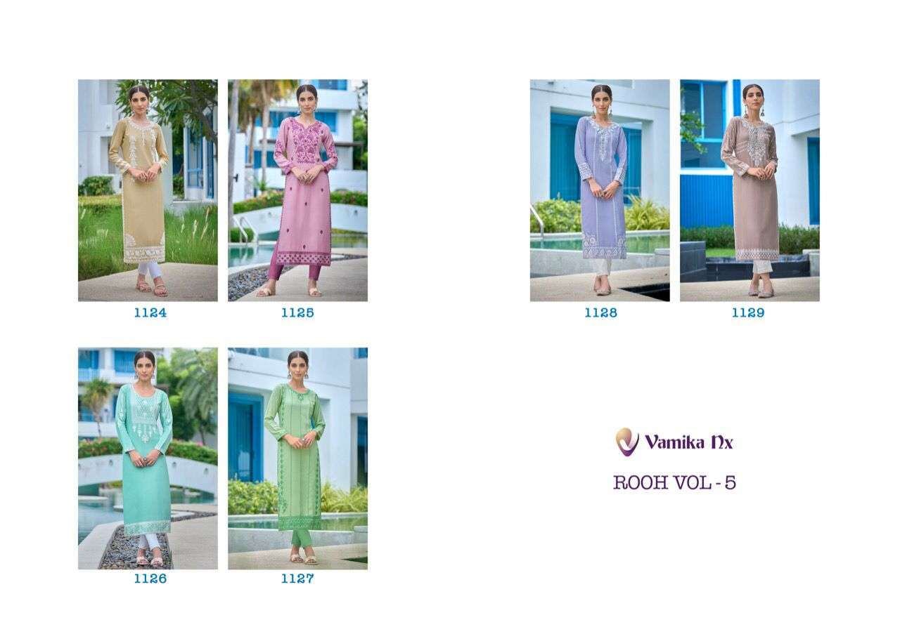 vamika rooh vol 5 1124-1129 series pure rayon designer look kurtis wholesale price 