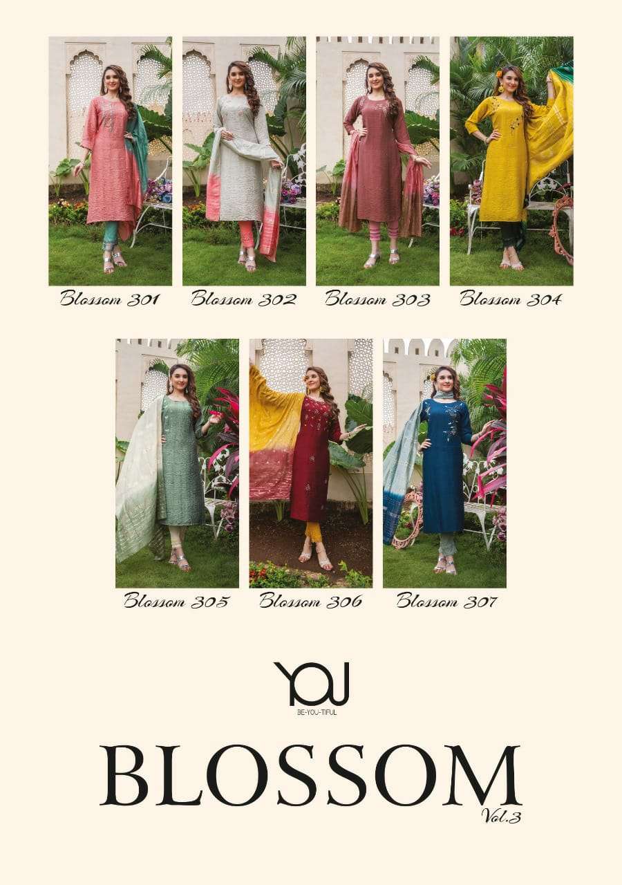 wanna blossom vol 3 307-307 series fancy fabrics kurtis with pant and dupatta set wholesale price surat