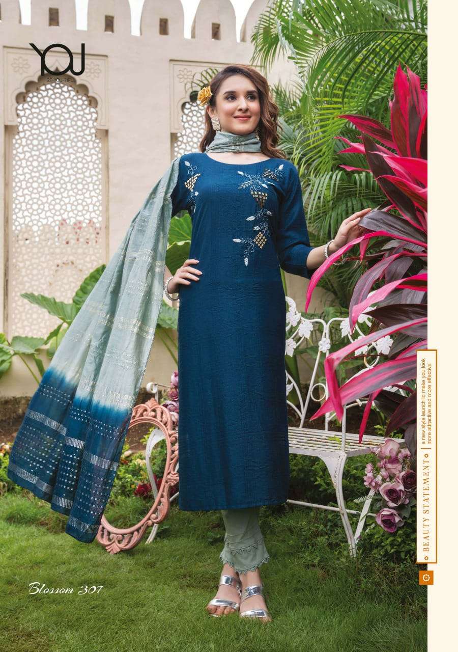 wanna blossom vol 3 307-307 series fancy fabrics kurtis with pant and dupatta set wholesale price surat