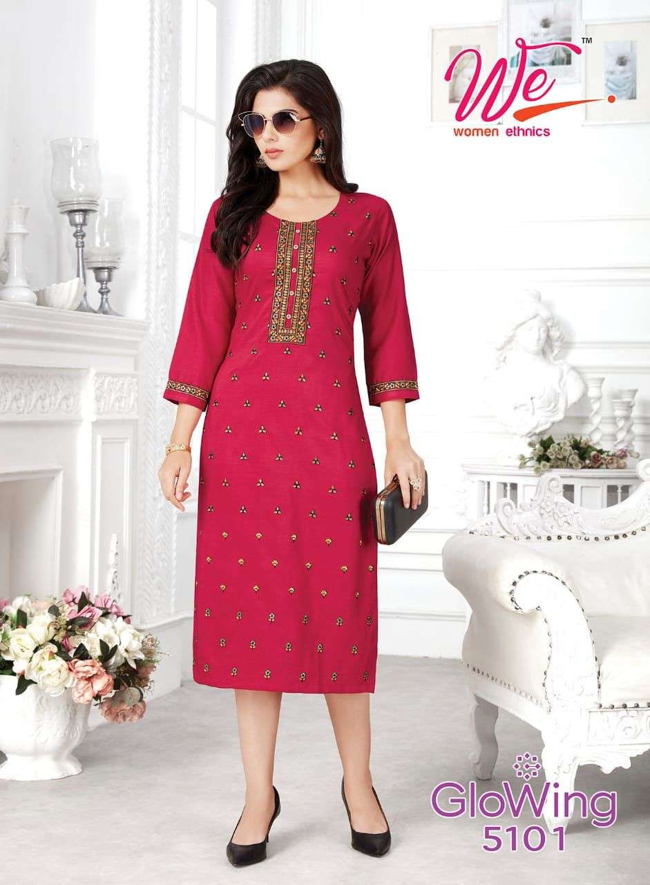 we glowing catalogue heavy chinon neck embroidered kurtis wholesale price surat