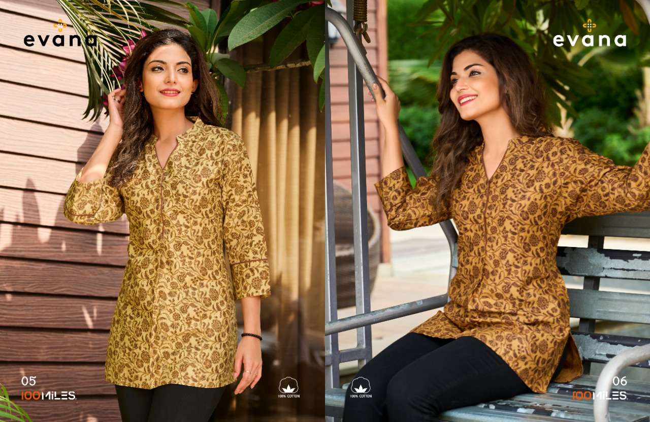 100 miles evana 01-06 series pure cotton satin printed tops collection surat