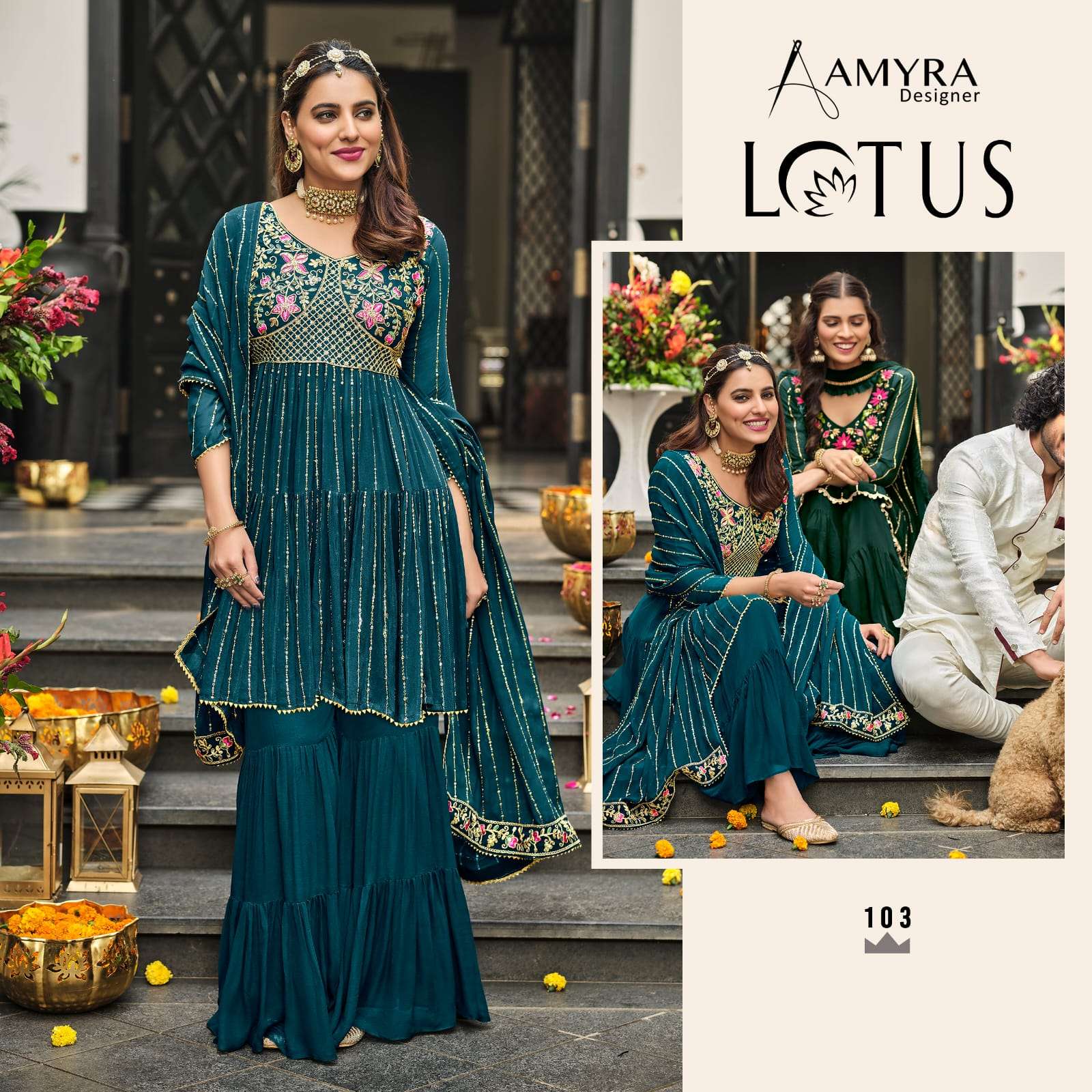 aamyra designer lotus 101-104 series fancy embroidered top with sharara bottom collection wholesale price surat