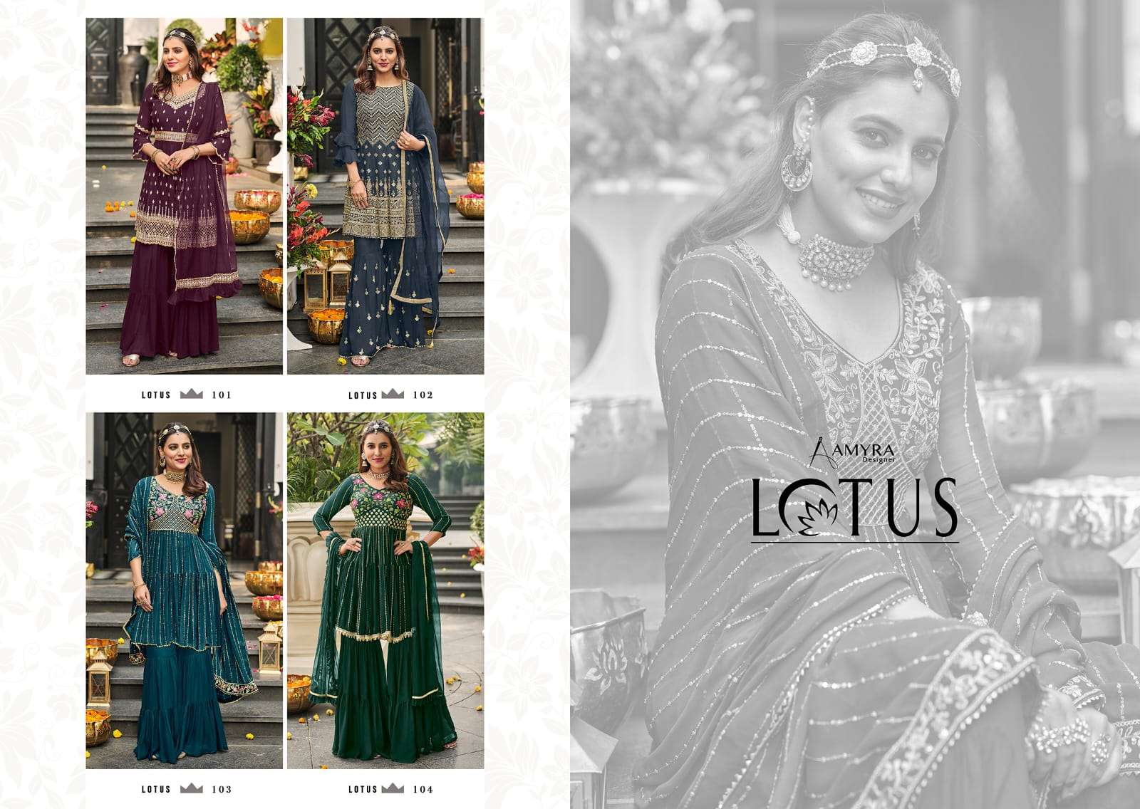 aamyra designer lotus 101-104 series fancy embroidered top with sharara bottom collection wholesale price surat