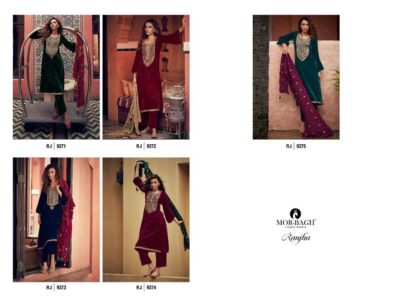 aashirwad creation mor-bagh ranjha 9371-9375 series velvet designer salwar kameez wholesale price surat