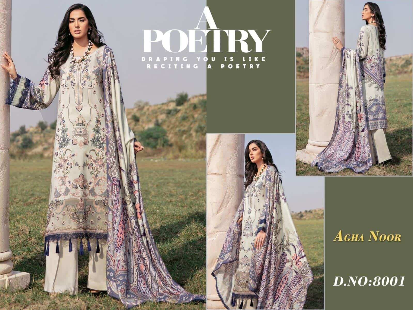 agha noor luxury lawn collection vol-8 8001-8006 series cotton designer salwar kameez online shopping surat