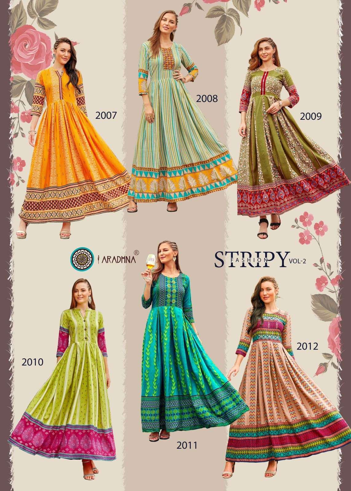 aradhna fashion strips vol-2 2001-2006 series reyon designer long kurti whoelsale best price surat