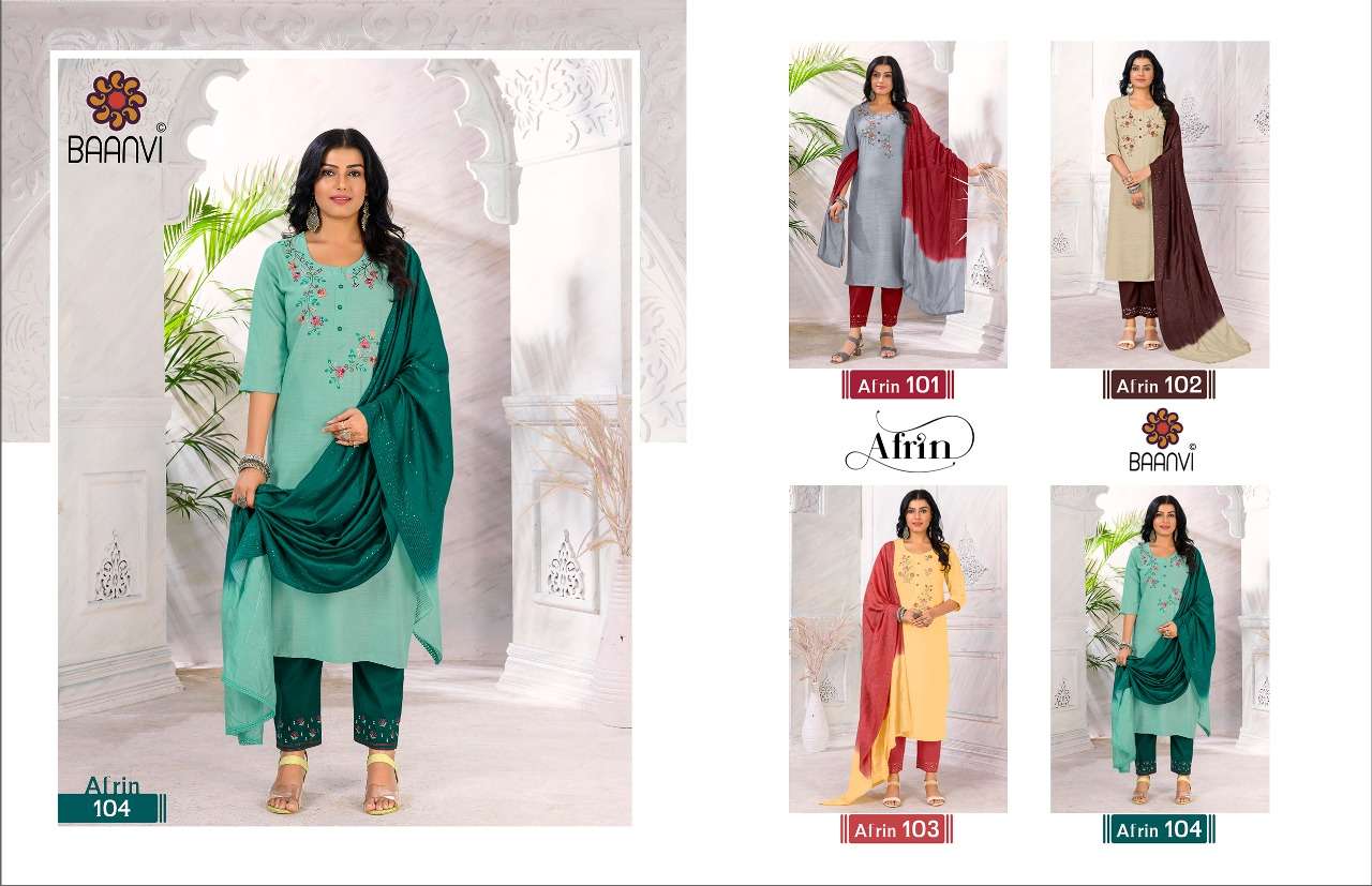 baanvi afrin 101-104 series trendy look kurtis pant with dupatta set wholesale supplier surat 